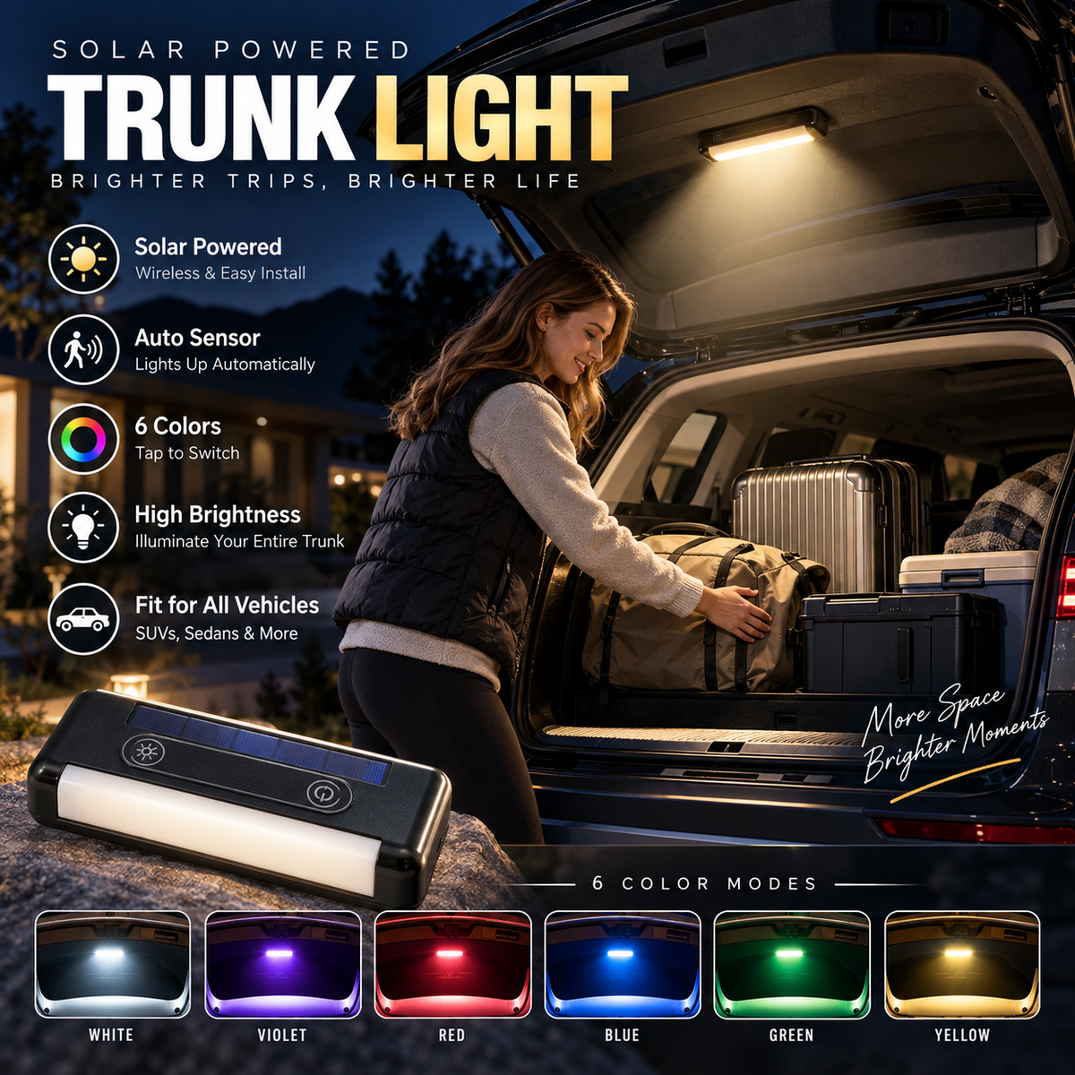 Solar LED trunk lighting for cars – Automatic sensor, wireless, 6 colors, for SUVs and vehicles