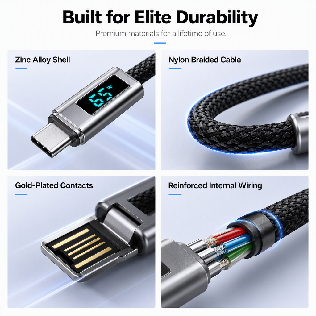 🔌 4-in-1 Charging Cable with Digital Display & Keychain – Fast-Charging, Kink-Resistant & Compact