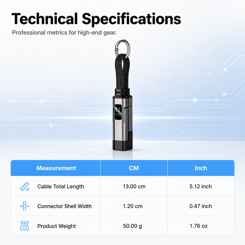 🔌 4-in-1 Charging Cable with Digital Display & Keychain – Fast-Charging, Kink-Resistant & Compact