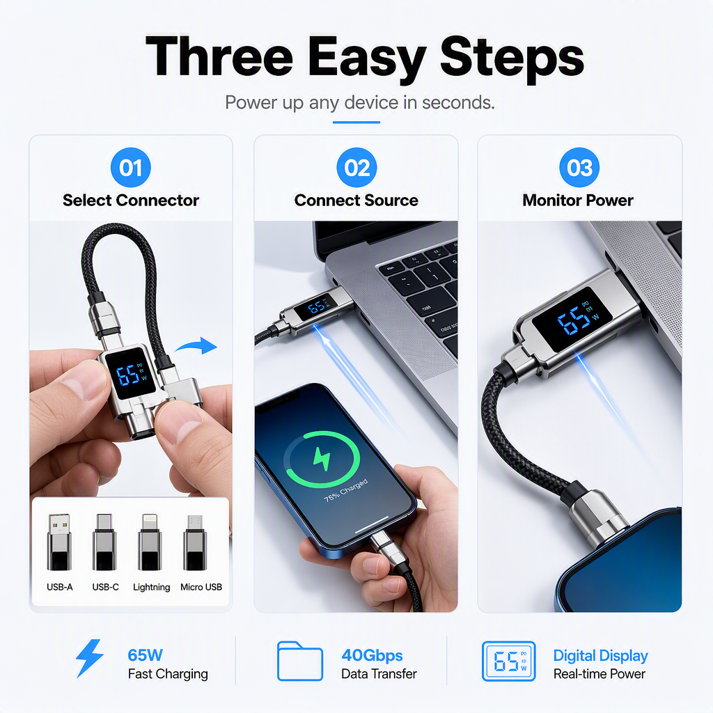 🔌 4-in-1 Charging Cable with Digital Display & Keychain – Fast-Charging, Kink-Resistant & Compact