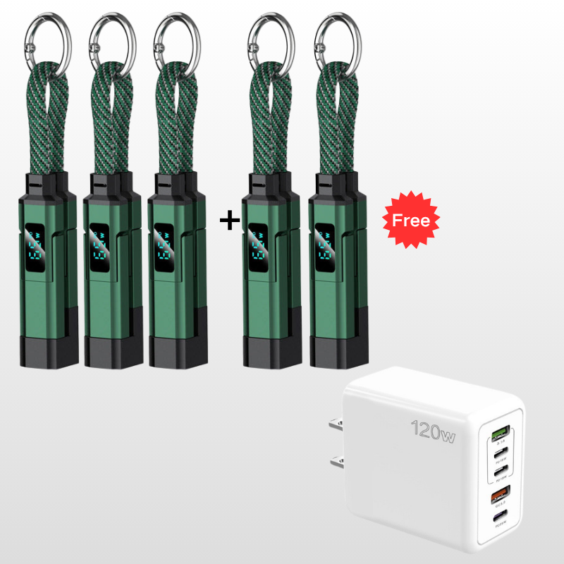 🔌 4-in-1 Charging Cable with Digital Display & Keychain – Fast-Charging, Kink-Resistant & Compact