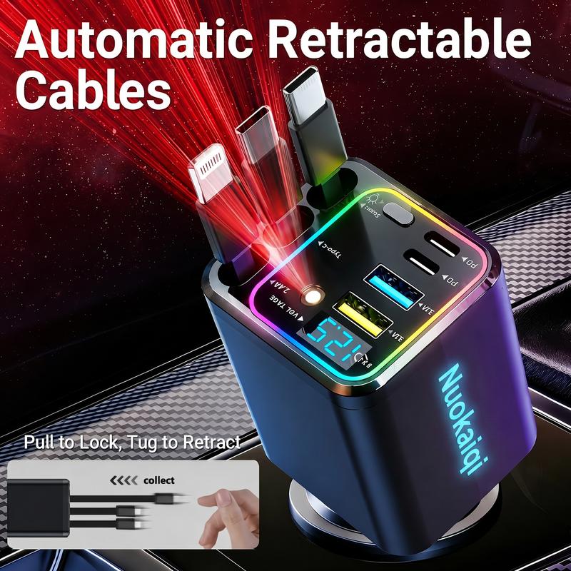 🔋📱Fast Charging 7-in-1 Retractable Fast Car Charger with Voltage Display – USB-C For Android&Lighting For APPLE