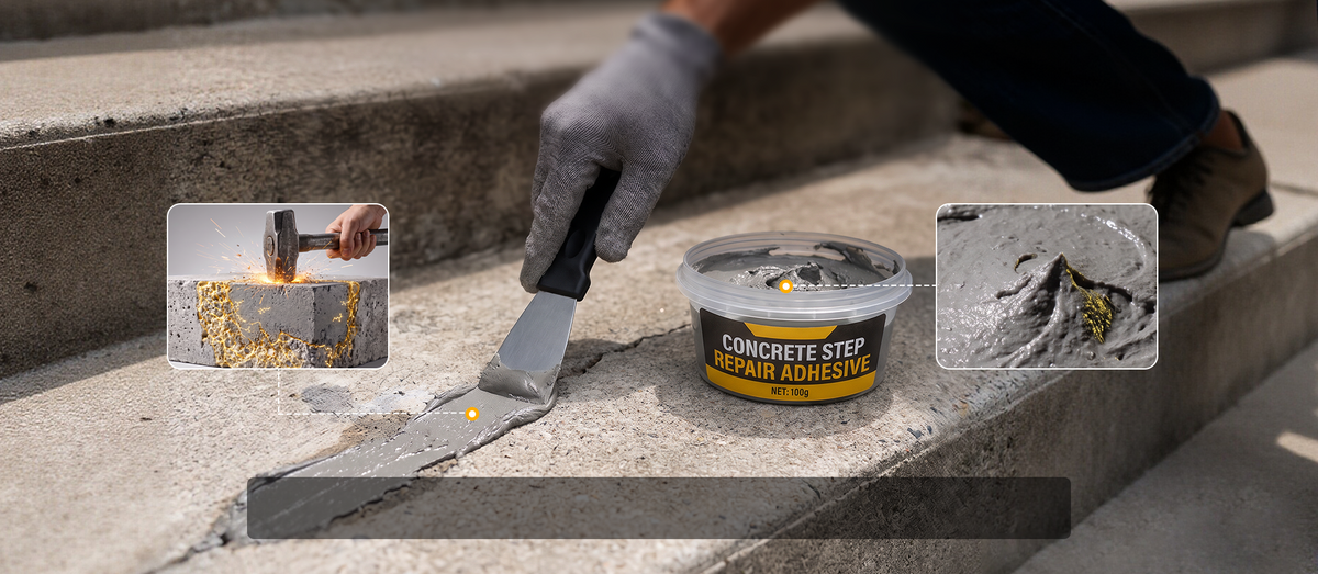Repair paste applied to a chipped step beside the product tub