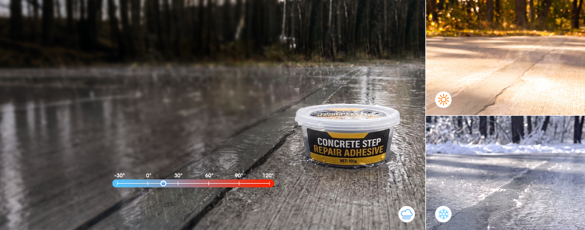 Concrete repair product outdoors with rain, sunshine and winter scenes