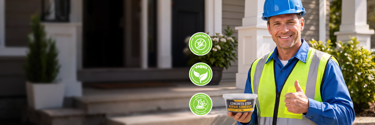 Concrete repair product shown in an outdoor home setting