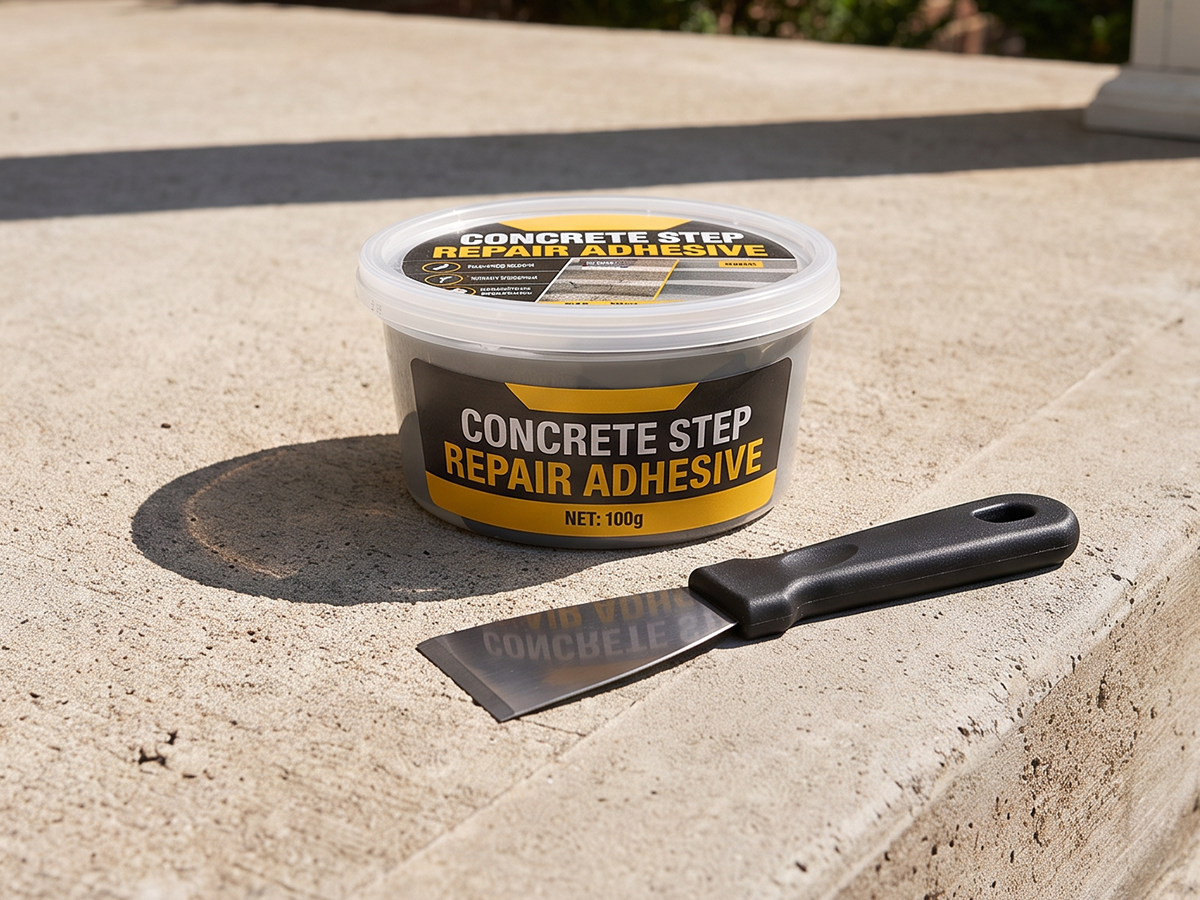 100 gram tub of concrete step repair adhesive, shown with an application tool