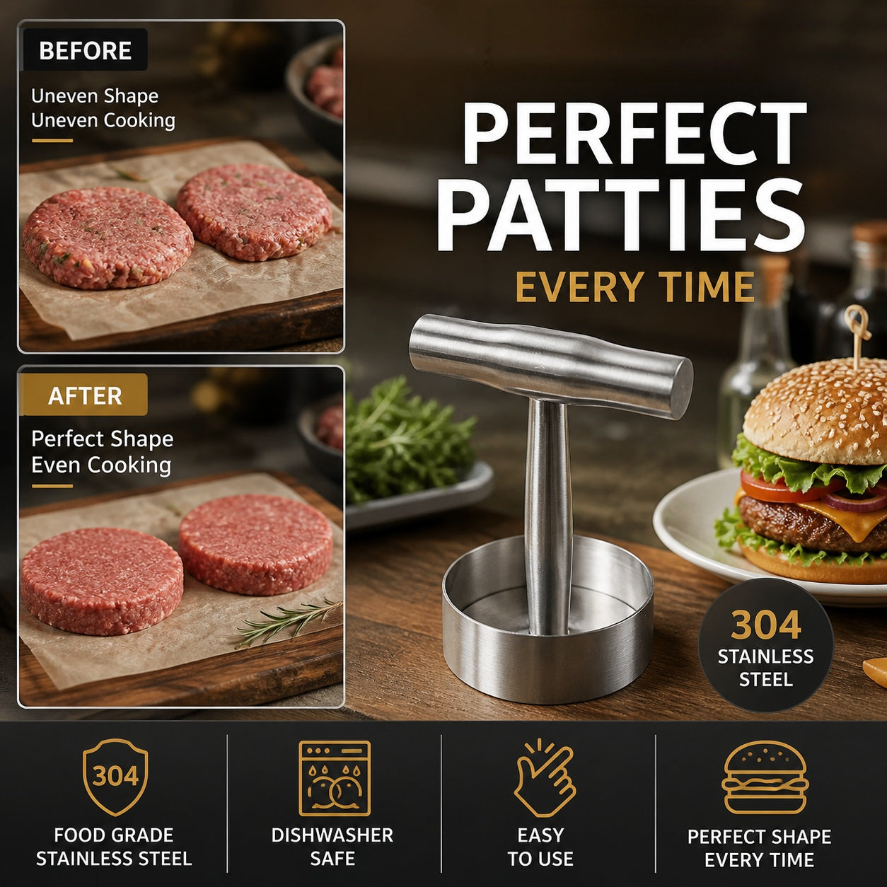 🥩Steak Press Round Patty Mold | Food‑Grade 304 Stainless Steel Burger Patty Maker