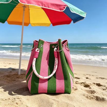 🏆👜 Limited-Time Sale: 50% OFF 🌴 Boho Striped Knit Bucket Handbag for Women – Handmade Summer Beach Shoulder Bag