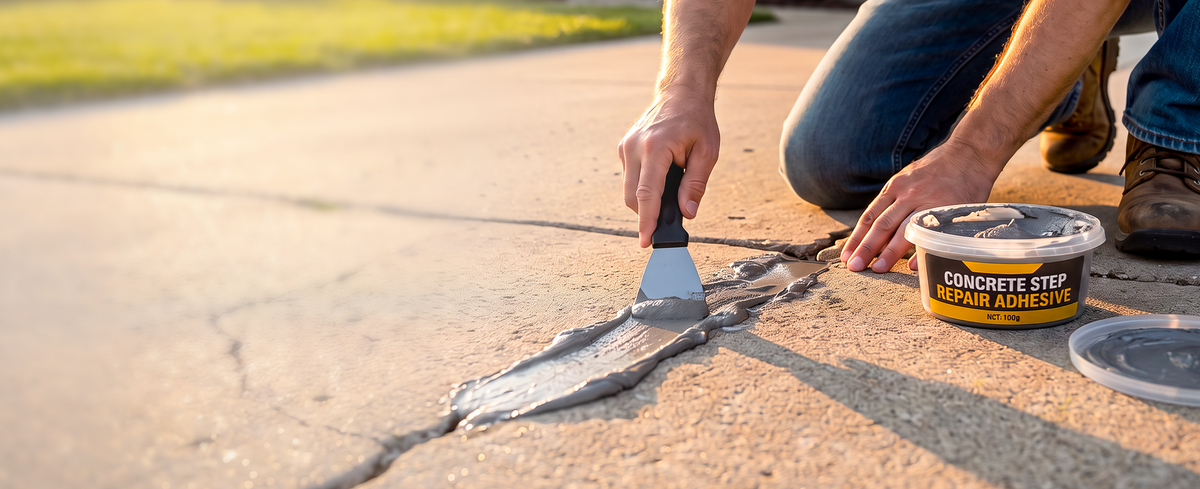 Concrete repair paste being spread into a damaged outdoor step