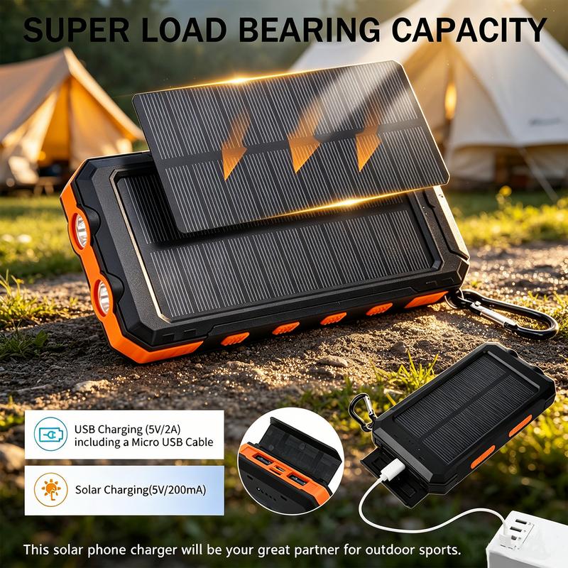 ⚡Portable Solar Power Bank, Solar Powered Charger with Dual LED Flashlights, Power Bank for Travel, Camping
