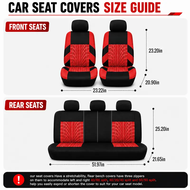 Car Seat Covers for 5 Seats Universal, Fabric Breathable Car Front & Rear Seat Protectors, Airbag Compatible, Full Protection, Fits Most Cars Trucks Vans SUVs, Red Gray Black Blue Seat Covers