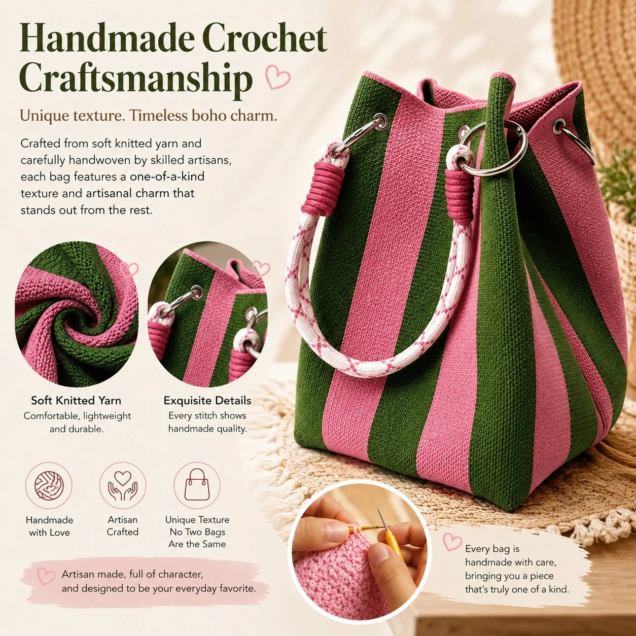🏆👜 Limited-Time Sale: 50% OFF 🌴 Boho Striped Knit Bucket Handbag for Women – Handmade Summer Beach Shoulder Bag