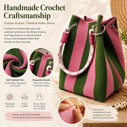 🏆👜 Limited-Time Sale: 50% OFF 🌴 Boho Striped Knit Bucket Handbag for Women – Handmade Summer Beach Shoulder Bag