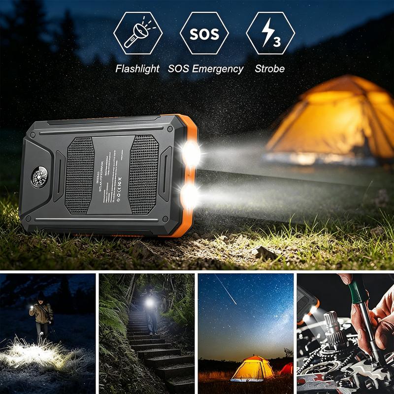 ⚡Portable Solar Power Bank, Solar Powered Charger with Dual LED Flashlights, Power Bank for Travel, Camping