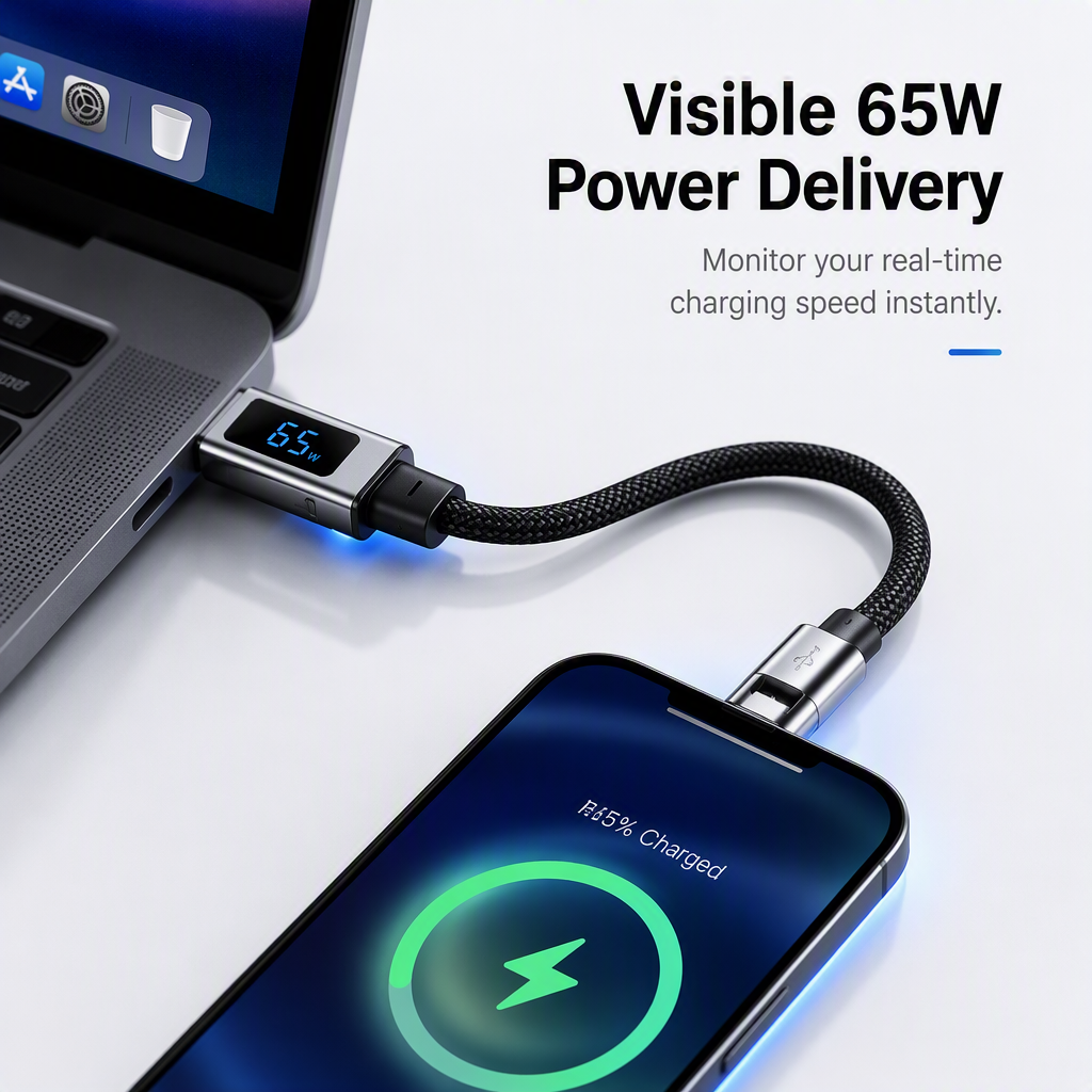 🔌 4-in-1 Charging Cable with Digital Display & Keychain – Fast-Charging, Kink-Resistant & Compact
