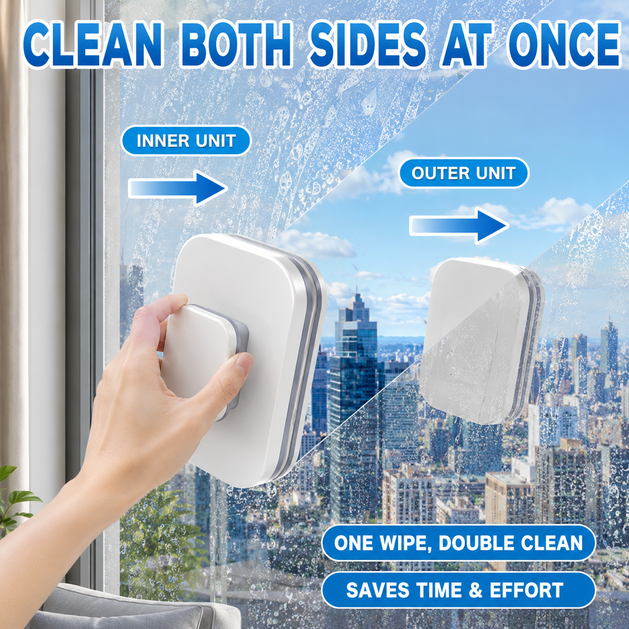 ⚡6‑in‑1 Magnetic Glass Cleaner – 30% wider cleaning area, perfect for high‑rise windows. Dual pads + squeegee – flawless results from the first pass! 🪣🪟