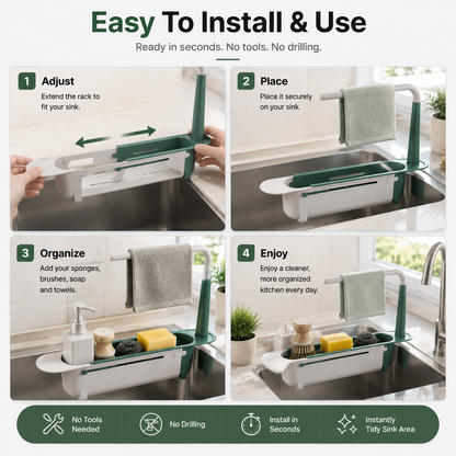 2-in-1 Sink Organizer Rack – Expandable Sponge Holder & Kitchen Towel Drying Bar