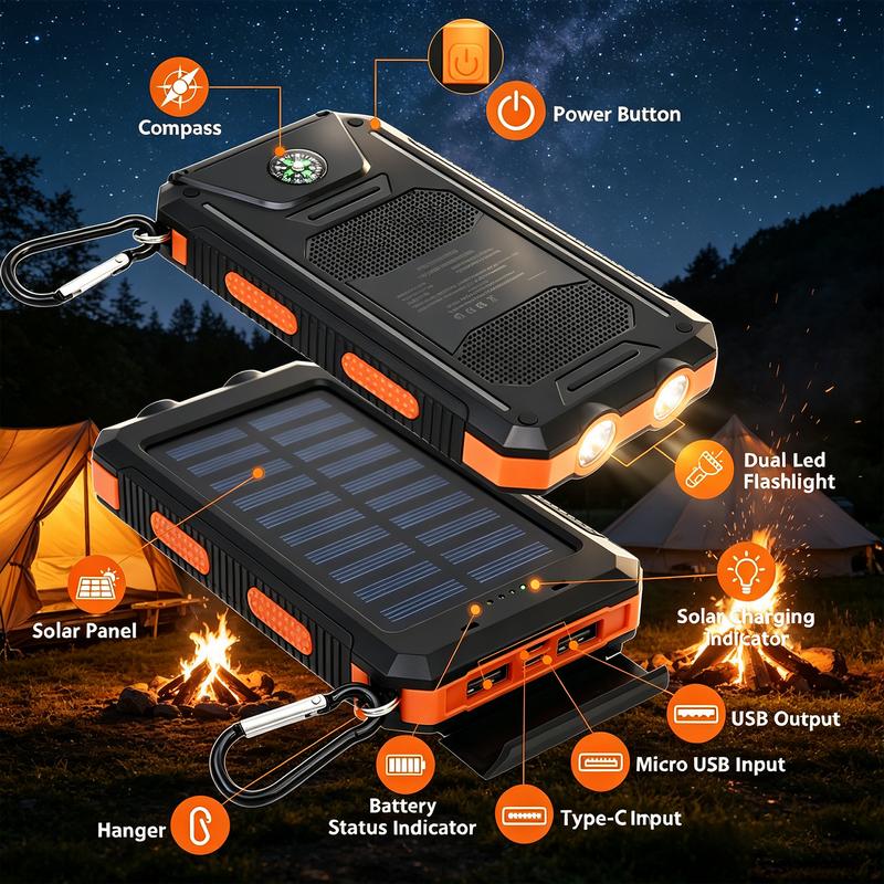 ⚡Portable Solar Power Bank, Solar Powered Charger with Dual LED Flashlights, Power Bank for Travel, Camping
