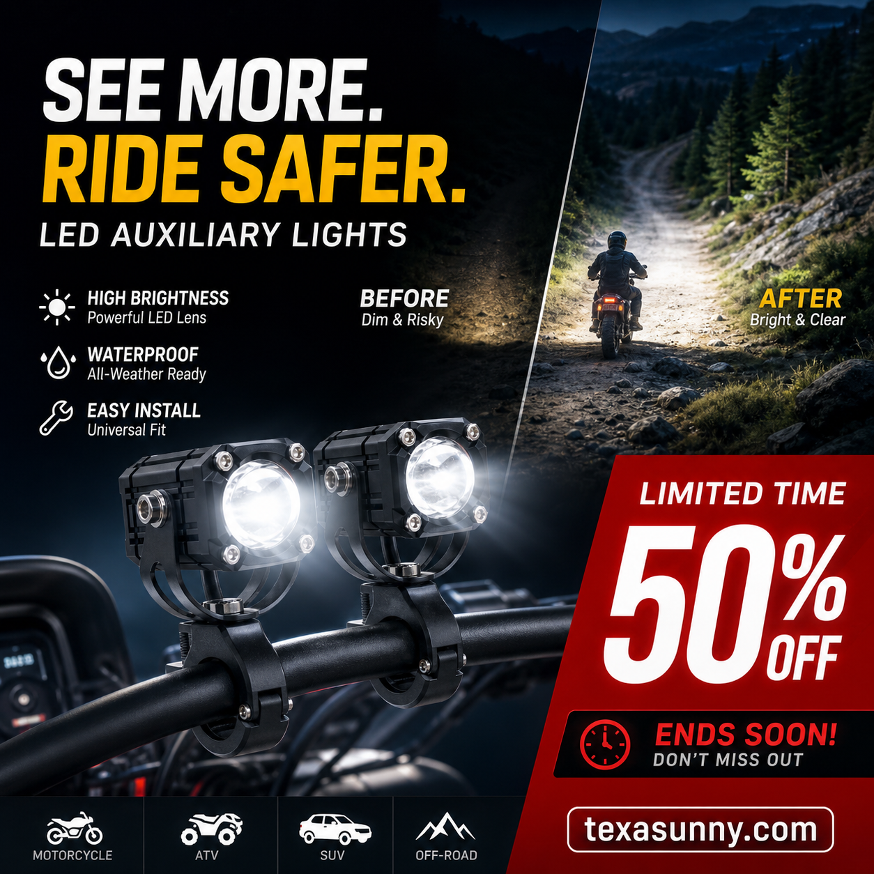 🎉 2026 Sale — Over 40,000 Sold! 🏍️ Universal Motorcycle LED Spotlights – Dual Beam & All-Weather Waterproof 💡