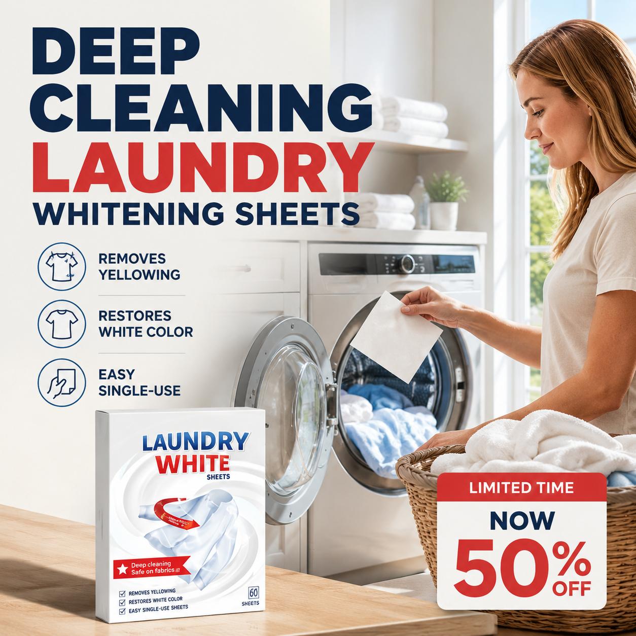 💥Deep Cleaning Laundry Whitening Sheets 🧺 Powerful Stain Remover Brightening Fabric Laundry Cleaning Sheets