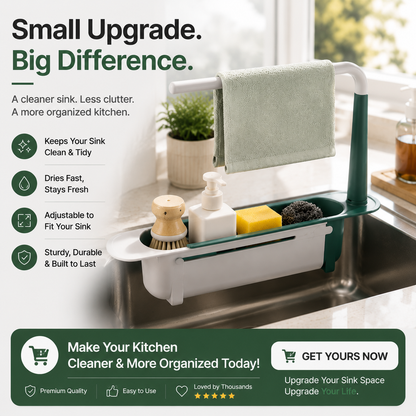 2-in-1 Sink Organizer Rack – Expandable Sponge Holder & Kitchen Towel Drying Bar