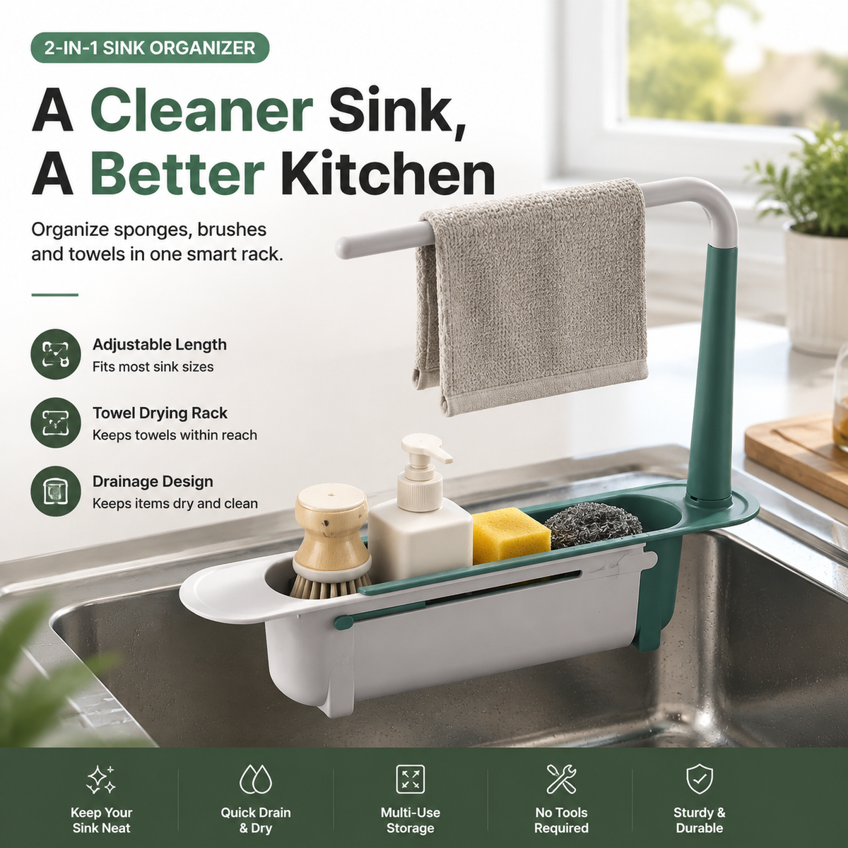 2-in-1 Sink Organizer Rack – Expandable Sponge Holder & Kitchen Towel Drying Bar