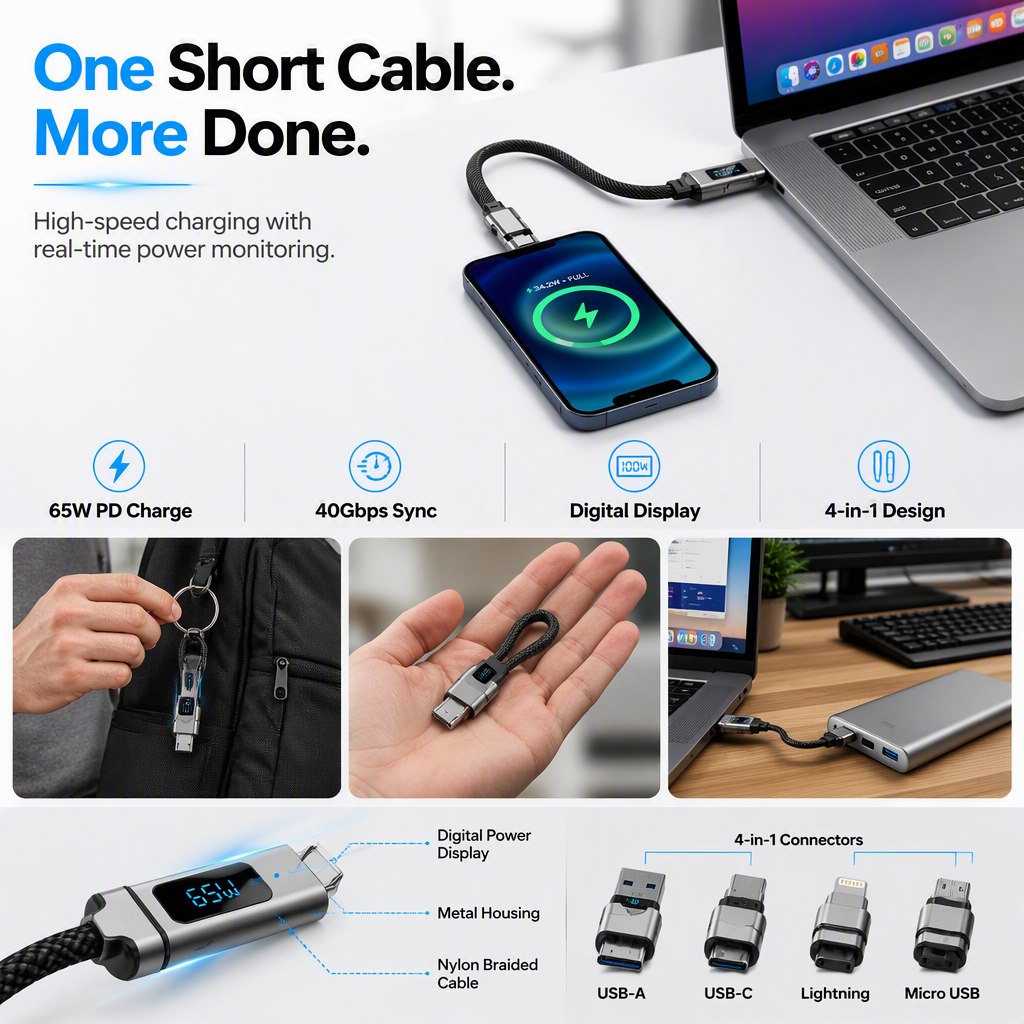 🔌 4-in-1 Charging Cable with Digital Display & Keychain – Fast-Charging, Kink-Resistant & Compact
