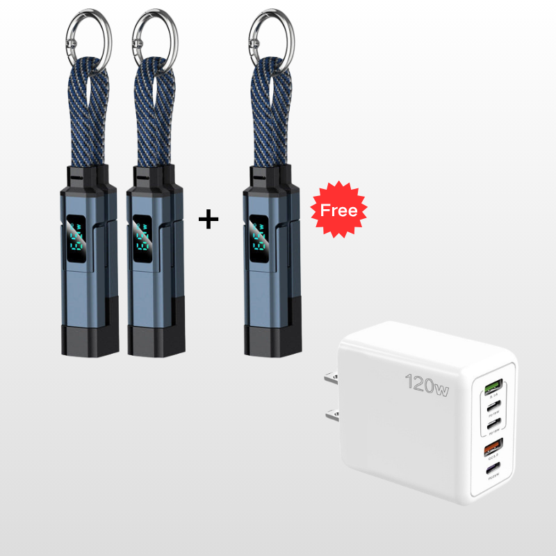 🔌 4-in-1 Charging Cable with Digital Display & Keychain – Fast-Charging, Kink-Resistant & Compact