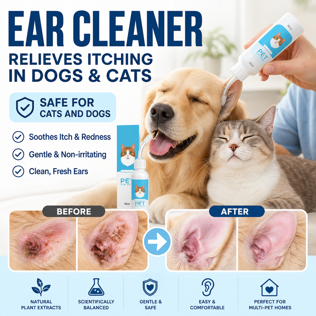 🐾Pet Ear Cleaner, Soothes Itching & Redness