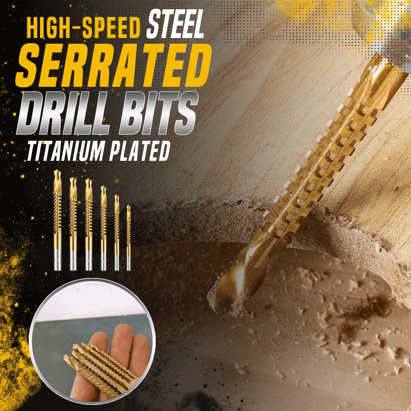 6‑Pcs Titanium‑Coated Twist Drill Bit Set‑ High‑Speed Steel Multi‑Purpose Sawtooth Drill Bits, Cutting & Drilling Combo Tool for Wood, Plastic & Soft Metal DIY Projects
