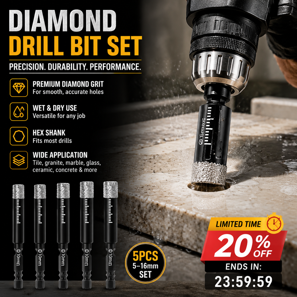 Diamond Drill Bits Set – 5-16mm Sizes, Hex Shank, Dry/Wet Use – Smooth Precision Holes