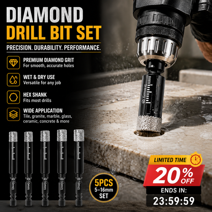 Diamond Drill Bits Set – 5-16mm Sizes, Hex Shank, Dry/Wet Use – Smooth Precision Holes