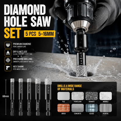 Diamond Drill Bits Set – 5-16mm Sizes, Hex Shank, Dry/Wet Use – Smooth Precision Holes
