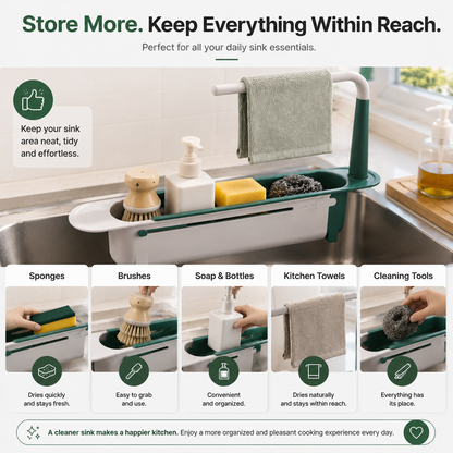 2-in-1 Sink Organizer Rack – Expandable Sponge Holder & Kitchen Towel Drying Bar