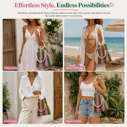 🏆👜 Limited-Time Sale: 50% OFF 🌴 Boho Striped Knit Bucket Handbag for Women – Handmade Summer Beach Shoulder Bag