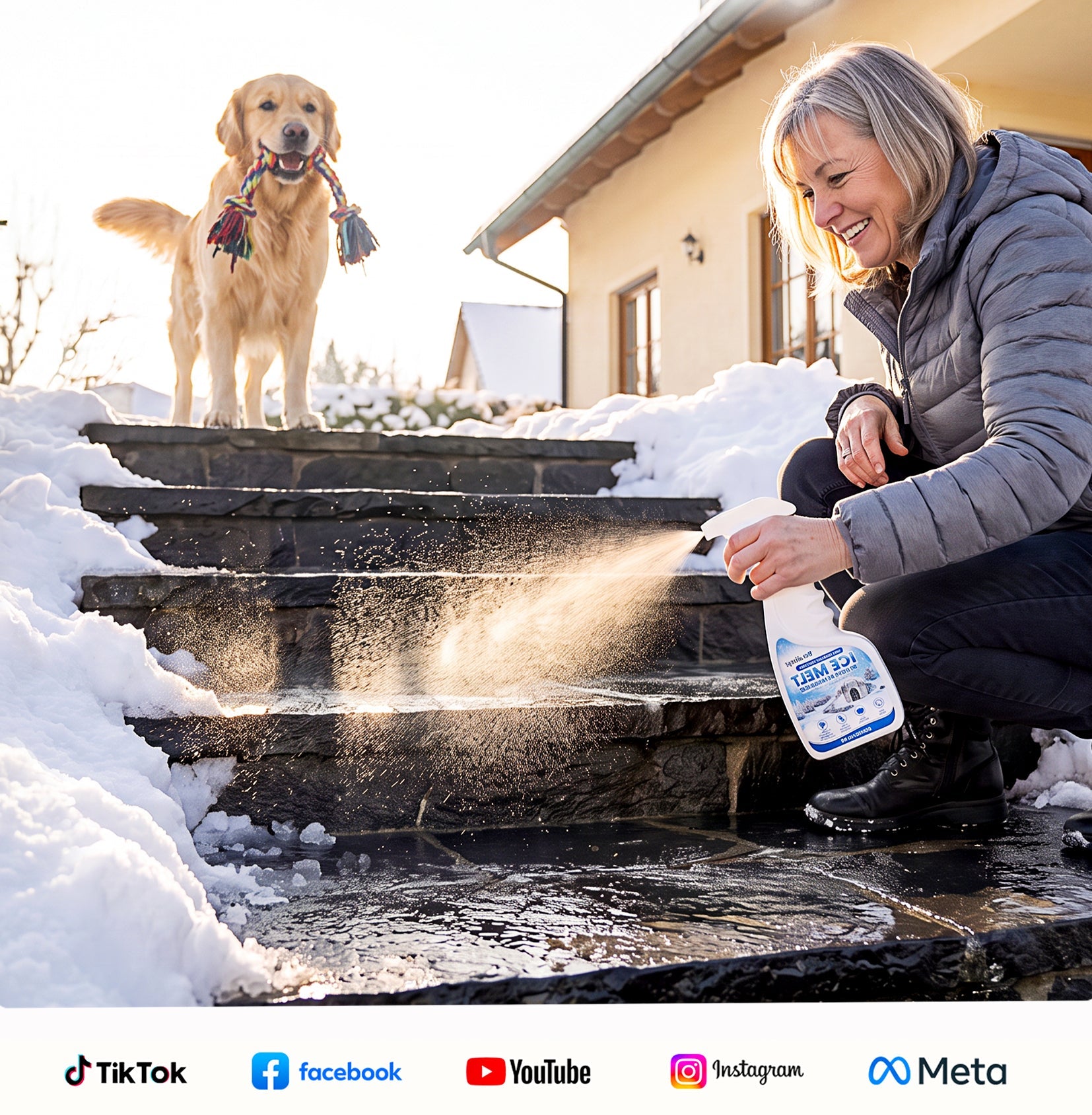 Outdoor de-icing and snow melting spray