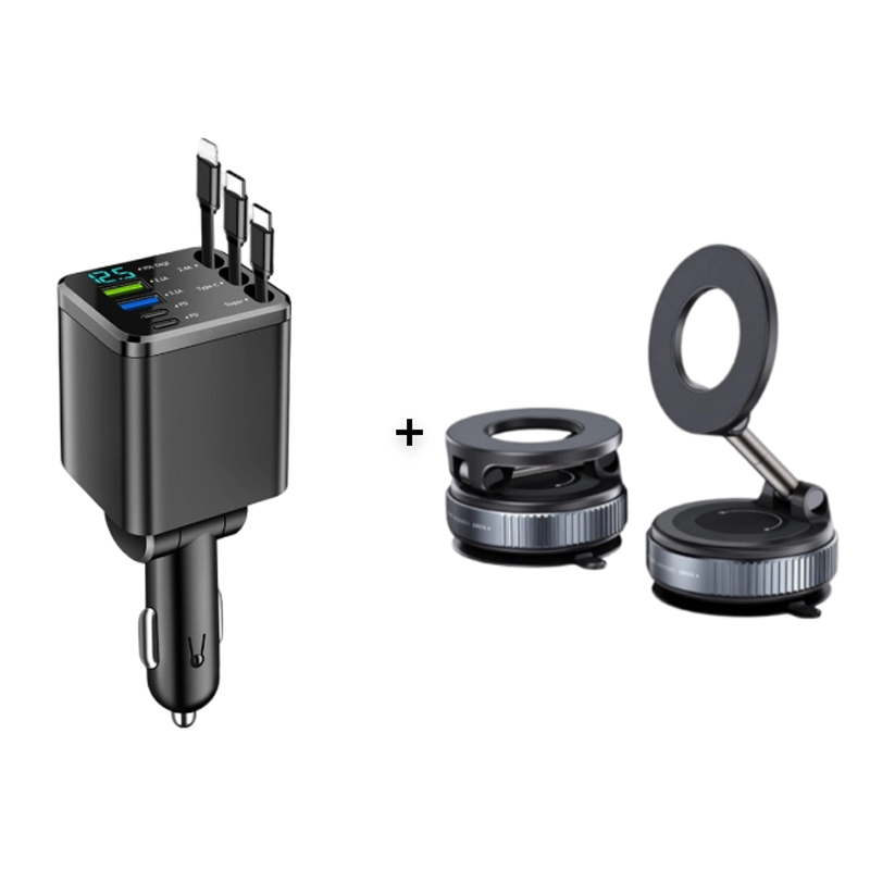 🔋📱Fast Charging 7-in-1 Retractable Fast Car Charger with Voltage Display – USB-C For Android&Lighting For APPLE