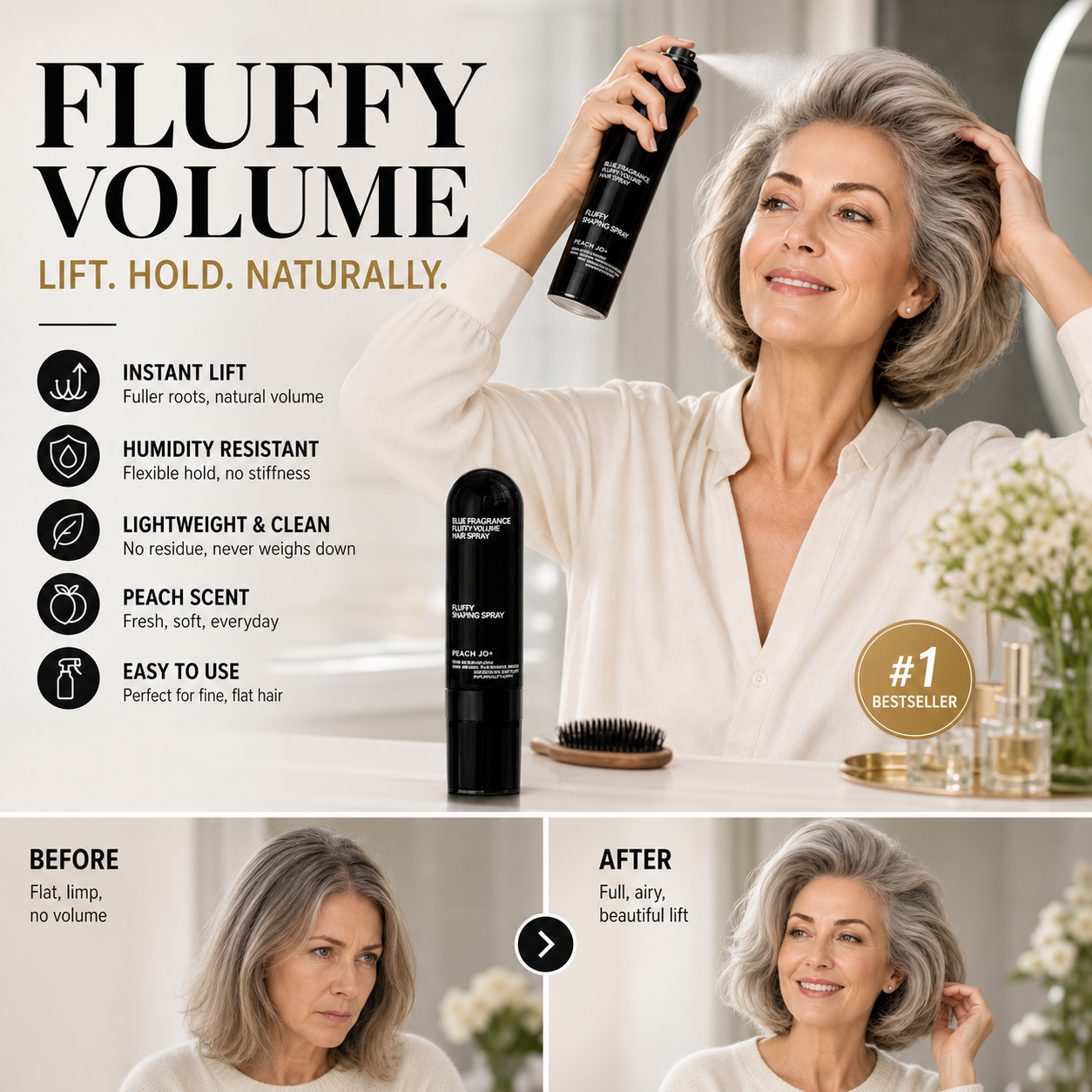 🎉50% Off! 👩 Peach-scented volumizing & setting spray—for lightweight, bouncy hair and long-lasting hold