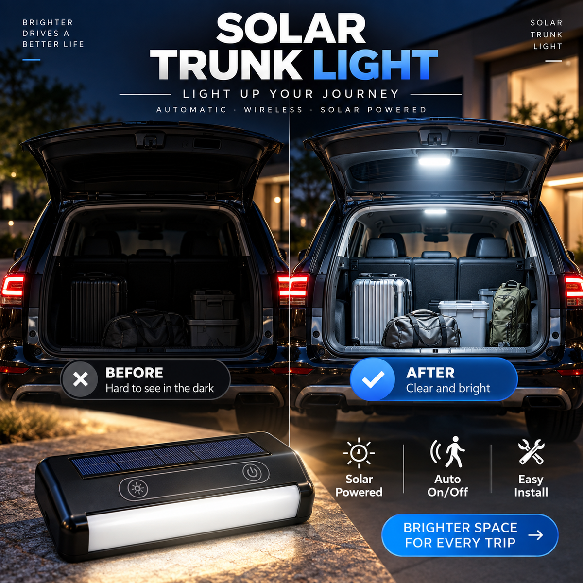 Solar LED trunk lighting for cars – Automatic sensor, wireless, 6 colors, for SUVs and vehicles