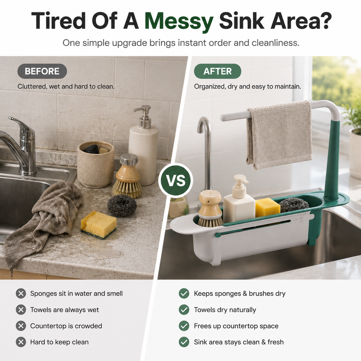 2-in-1 Sink Organizer Rack – Expandable Sponge Holder & Kitchen Towel Drying Bar