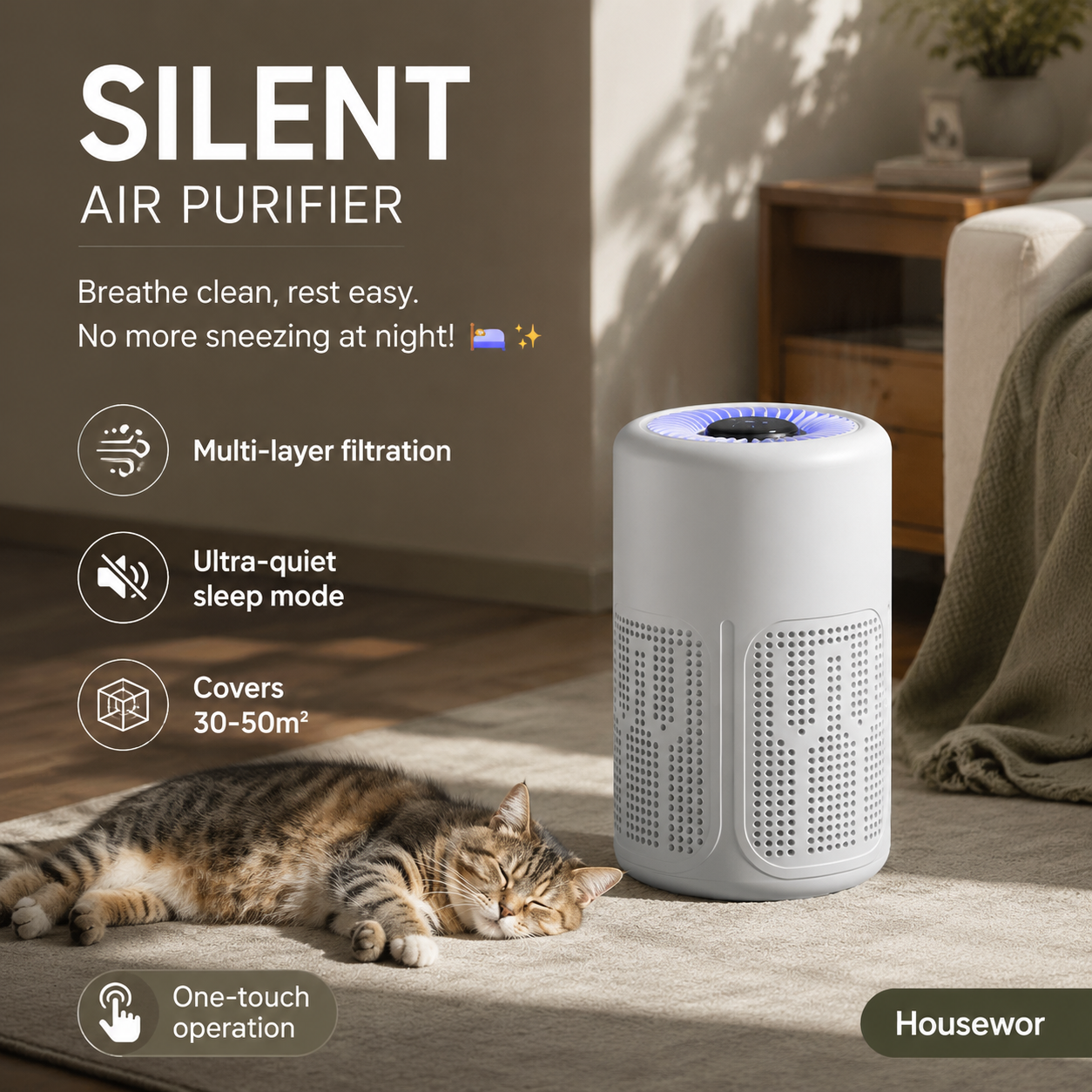 🥳 Silent Air Purifier – Multi‑layer filtration, ultra‑quiet sleep mode. Covers 30‑50m², one‑touch operation. Breathe clean, rest easy. No more sneezing at night! 🛌✨