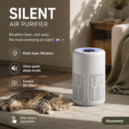 🥳 Silent Air Purifier – Multi‑layer filtration, ultra‑quiet sleep mode. Covers 30‑50m², one‑touch operation. Breathe clean, rest easy. No more sneezing at night! 🛌✨