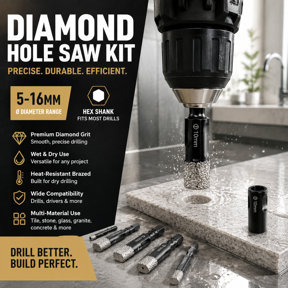 Diamond Drill Bits Set – 5-16mm Sizes, Hex Shank, Dry/Wet Use – Smooth Precision Holes