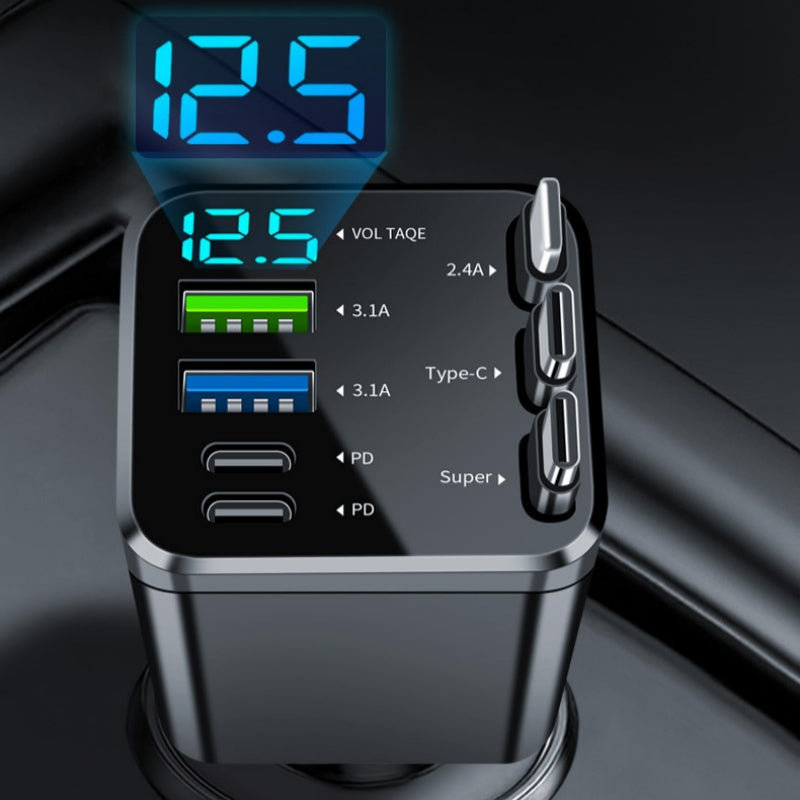 🔋📱Fast Charging 7-in-1 Retractable Fast Car Charger with Voltage Display – USB-C For Android&Lighting For APPLE