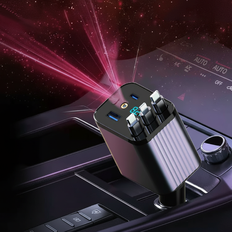 🔋📱Fast Charging 7-in-1 Retractable Fast Car Charger with Voltage Display – USB-C For Android&Lighting For APPLE