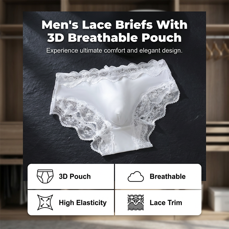 Men's sexy lace briefs with 3D breathable pouch