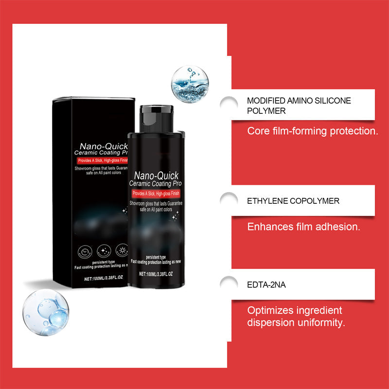 Nano-Quick Ceramic Coating Pro for automobiles, featuring advanced ceramic technology for dust-proof glass effect and lasting luster