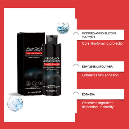 Nano-Quick Ceramic Coating Pro for automobiles, featuring advanced ceramic technology for dust-proof glass effect and lasting luster