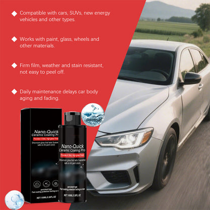 Nano-Quick Ceramic Coating Pro for automobiles, featuring advanced ceramic technology for dust-proof glass effect and lasting luster