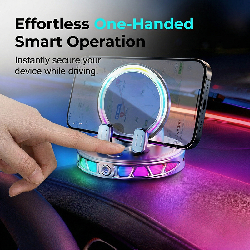 Car Phone Holder - 360° Rotating Automatic Wireless Charger with Adjustable Auto-Locking Gravity Linkage, RGB LED Light-Up Touch Control, Vacuum Suction Car Interior Accessory for Dashboard & Windshield, Compatible with iPhone & Android